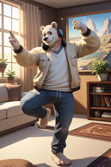 Hyperrealistic furry 3d art, male focus, brawny ice bear (white fur), 4 toes, shirt (roct theme), jacket, pants, barefoot, smile, headphones on ears, pose, living room (modern design, plant), listening rock music, dancing as crazy, Photorealistic, (masterpiece:1.5), concept art, intricate details, highly detailed, photorealistic, octane render, 8k, unreal engine, dynamic pose, best quality, highres, (realistic face:1.1), (hyperrealistic:1.1), ((full_body)), perfect eyes, (((perfect hands))),((dynamic background)), low light