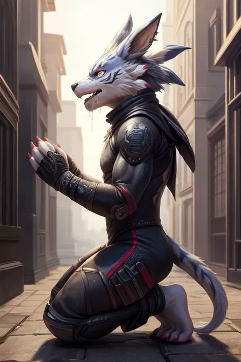(((Barefoot furry character, full body, cinematic setting, furry male)))
Barefoot (hypnotised) WereGarurumon wears ((black ninja suit)), get down on one knee as if praying, detailed paws with claws, blue fur, in a trance, a look of weak resistance to hypnosis on his face, (drooling), ((red glow in his eyes)), side view
BREAK, detailed background, 8K, (masterpiece:1.5), intricate details, highly detailed, extreme detail, octane render, tritone image, fine art, best quality, highres, (detailed face:1.5), ((full_body)), UHD, (((perfect hands)))