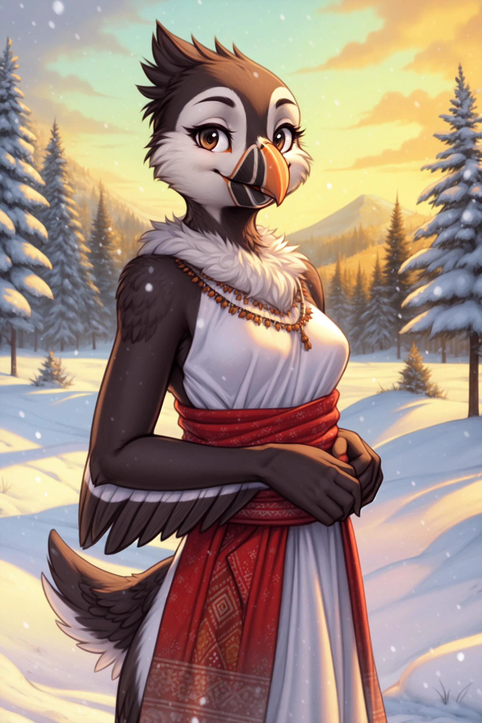 <lora:[Det] Detail Tweaker (58390):0.3>, <lora:[Det] Hair Detailer (81328):0.2>, Puffin, avian, anthro, furry, female, feminine, fur, detailed fur
<lora:[CharF] Species - Anthro Birds (9620):0.6> Anthro, bird, beak, winged-arms
masterpiece, best quality, digital art, (realistic:0.3), cartoon, detailed lines, high resolution, visually stunning
(detailed lighting, depth of field:0.9), detailed color, vivid color
<lora:[FixLyc] EnvyBetterHands (47085):1>, perfect hands, detailed hands
(beautiful, cute, fluffy:1.2), detailed body, perfect breasts, 1girl, solo, smile
<lora:[Det] Labiaplasty (Innie Pussy Adjuster) (112299):0.8>
outdoors, snow, nature, tribal accessories, tribal clothes, white shirt