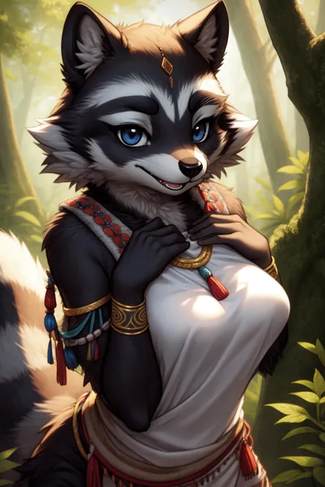 <lora:[Det] Detail Tweaker (58390):0.3>, <lora:[Det] Hair Detailer (81328):0.2>, raccoon, anthro, furry, female, feminine, fur, detailed fur, whiskers
masterpiece, best quality, digital art, (realistic:0.3), cartoon, detailed lines, high resolution, visually stunning
(detailed lighting, depth of field:0.9), detailed color, vivid color
<lora:[FixLyc] EnvyBetterHands (47085):1>, perfect hands, detailed hands
(beautiful, cute, fluffy:1.2), detailed body, perfect breasts, 1girl, solo, smile
<lora:[Det] Labiaplasty (Innie Pussy Adjuster) (112299):0.8>,
outdoors, nature, tribal accessories, tribal clothes, white shirt