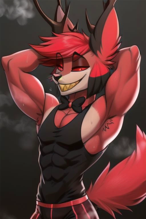 (Anthro dear:1.6), masterpiece, best quality, 1boy, solo, animal ears, sharp teeth, red eyes, bow, smile, looking at viewer, slit pupils, bowtie, red hair, grin, multicolored hair, <lora:Alastor-001-9:1>, perfect eyes, male, NSFW, masterpiece, anthro, (detailed red fur:1.6), red eyes, (red fur:1.6), smile, (muscles:1.4), ((realistic clothing:1.6) Arms behind head, armpits, (musk), (musk clouds:1.4), sweaty,, (black tank top), (gym background:1.4) flexing, big biceps, detailed face, detailed eyes, tail, masterpiece, extreme detail, chibi,