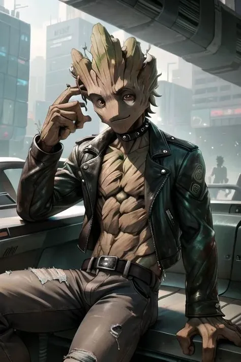 solo, male, GrootAlpha, (groot:0.9), brown bark skin, amber eyes, noseless, leafy, (green hair:1.2), hair over eye, emo hair, one eye covered, FreakShow, punk, open jacket, bare chest, studded leather jacket, ripped jeans, choker, belt, masterpiece, extreme detail, cool, sleepy eyes, smirk, sitting, leaning, motorcycle, cool, skinny, alien, no humans, overpass, cyberpunk, science fiction, city street, cute, aged down, flower, rose, heartthrob, pretty boy, (BadBoyVibes-GenderFree:0.9)