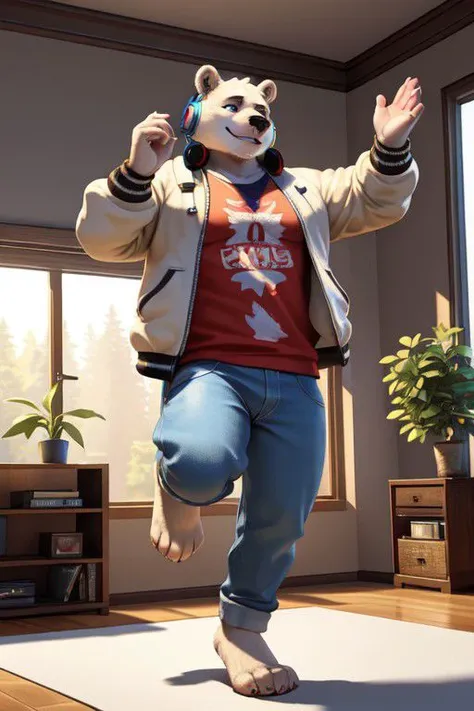 Hyperrealistic furry 3d art, male focus, brawny ice bear (white fur), 4 toes, shirt (roct theme), jacket, pants, barefoot, smile, headphones on ears, pose, living room (modern design, plant), listening rock music, dancing as crazy, Photorealistic, (masterpiece:1.5), concept art, intricate details, highly detailed, photorealistic, octane render, 8k, unreal engine, dynamic pose, best quality, highres, (realistic face:1.1), (hyperrealistic:1.1), ((full_body)), perfect eyes, (((perfect hands))),((dynamic background)), low light