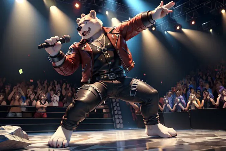 Hyperrealistic furry 3d art, focus on brawny beefy ice bear with white fur, 4 toes, rock themed shirt, leather jacket with metal spikes, anarchy symbolism, pants, barefoot, mic in one hand, on the stage, in the light of reflectors, singing rock song, dancing as crazy, other  members of this furry roch band in the background, (masterpiece:1.5), intricate details, highly detailed, octane render, 8k, unreal engine, dynamic pose, best quality, highres, (realistic face:1.1), (hyperrealistic:1.1), ((full_body)), perfect eyes, (((perfect hands))), ((dynamic background)), low light