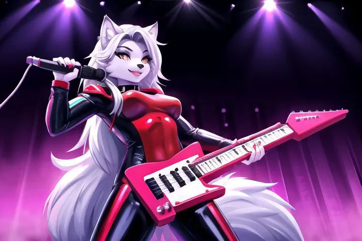 roxanne wolf, solo, 1girl, bodysuit, keytar, stage