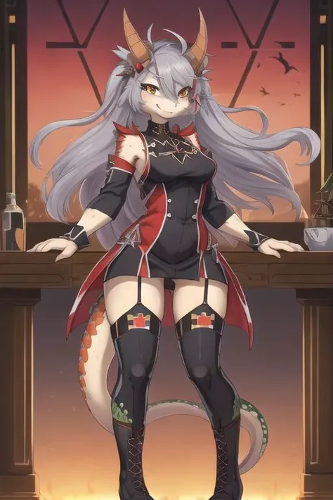 best quality, masterpiece, PrinzV4, 1girl, solo, gray hair, long hair, headgear, antenna hair, hair ornament, cross, iron cross, black boots, garter straps, german flag, <lora:PrinzEugenV4-15:1>, (((lizard, scalie, furry))),,boring_e621_v4,