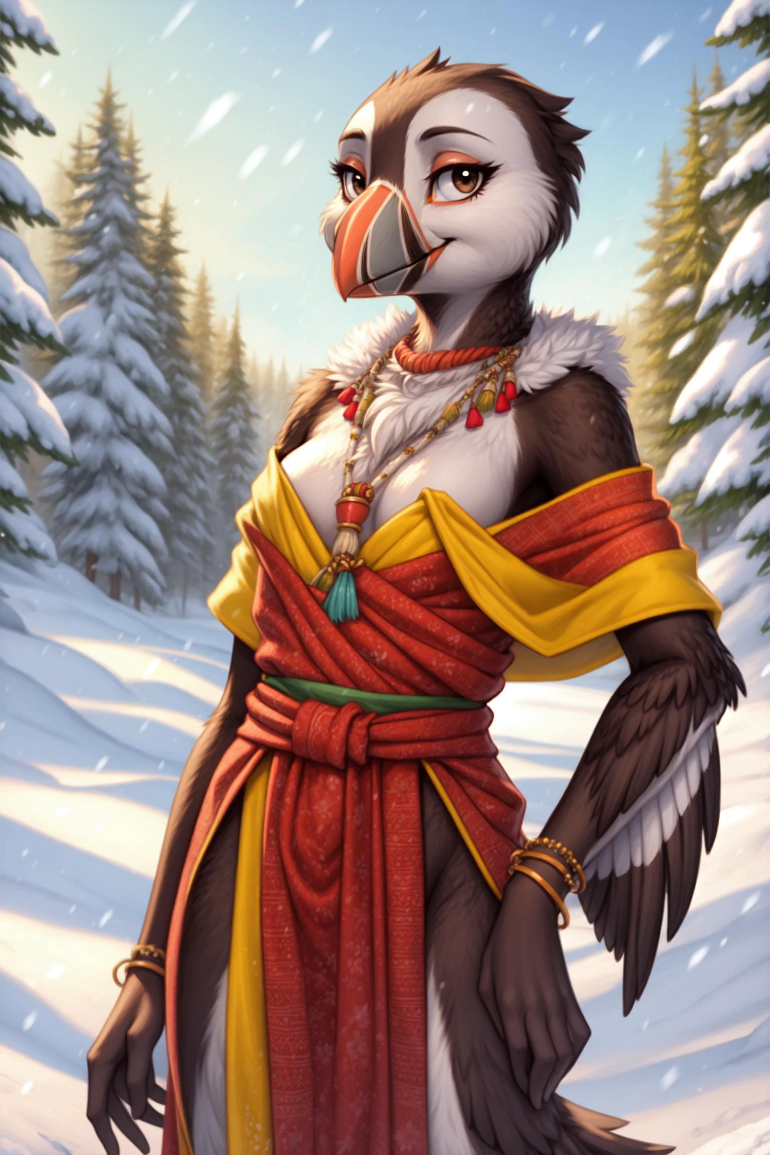<lora:[Det] Detail Tweaker (58390):0.3>, <lora:[Det] Hair Detailer (81328):0.2>, Puffin, avian, anthro, furry, female, feminine, fur, detailed fur
<lora:[CharF] Species - Anthro Birds (9620):0.6> Anthro, bird, beak, winged-arms
masterpiece, best quality, digital art, (realistic:0.3), cartoon, detailed lines, high resolution, visually stunning
(detailed lighting, depth of field:0.9), detailed color, vivid color
<lora:[FixLyc] EnvyBetterHands (47085):1>, perfect hands, detailed hands
(beautiful, cute, fluffy:1.2), detailed body, perfect breasts, 1girl, solo, smile
<lora:[Det] Labiaplasty (Innie Pussy Adjuster) (112299):0.8>
outdoors, snow, nature, tribal accessories, tribal clothes