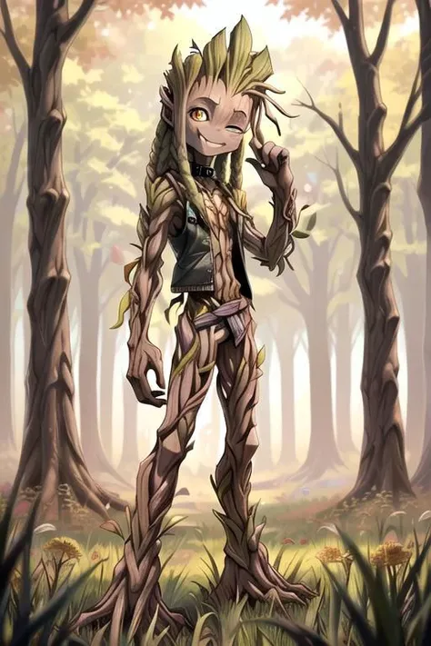 handsome, solo, male, skinny, flat chest, smile, tight butt, tiny ass, side view, (groot:0.8), GrootAlpha, amber eyes, noseless, long hair, (green hair:1.25), braids, dreadlocks, blush, standing, looking at viewer, wink, one eye closed, flirty, tongue piercing, aged down, younger, masterpiece, detailed background, no humans, leafy, mossy, forest clearing, autumn, tall grass, flowers, age regression, looking at viewer, hand on chin, sunny, choker, leather vest, punk, belt, pantsless, bottomless, oversized clothes