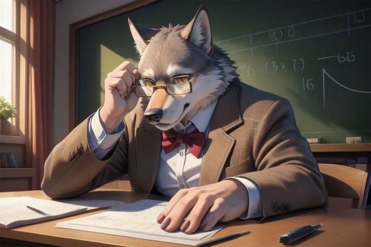 Digital detailed pixar furry portrait, barefoot furry character, full body, solo, male focus
 a grumpy gray wolf with a thick fur coat, sharp amber eyes, and a stern expression, wearing a tweed jacket and wire-rimmed glasses. This wolf represents the evil embodiment of mathematics as a school subject, depicting stereotypes and prejudices towards mathematics teachers, The background should include a chalkboard covered in equations and geometric shapes, with protractors, rulers, and calculators scattered on a desk.
nice big feet paws BREAK, hi res, detailed background, 8k, sharped image, masterpiece, (wide dynamic range,  dynamic angles and pose:1.2) Realistic, Photorealistic, (masterpiece:1.5), concept art, intricate details, highly detailed, photorealistic, octane render, 8k, unreal engine, dynamic pose, best quality, highres, (realistic face:1.1), (hyperrealistic:1.1), ((full_body)), perfect eyes, (((perfect hands))),((dynamic background)),