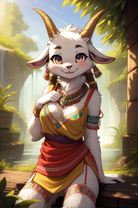 <lora:[Det] Detail Tweaker (58390):0.3>, <lora:[Det] Hair Detailer (81328):0.2>, goat, anthro, furry, female, feminine, fur, detailed fur, small goat horns
masterpiece, best quality, digital art, (realistic:0.3), cartoon, detailed lines, high resolution, visually stunning
(detailed lighting, depth of field:0.9), detailed color, vivid color
<lora:[FixLyc] EnvyBetterHands (47085):1>, perfect hands, detailed hands
(beautiful, cute, fluffy:1.2), detailed body, perfect breasts, 1girl, solo, smile
<lora:[Det] Labiaplasty (Innie Pussy Adjuster) (112299):0.8>
outdoors, nature, tribal accessories, tribal clothes