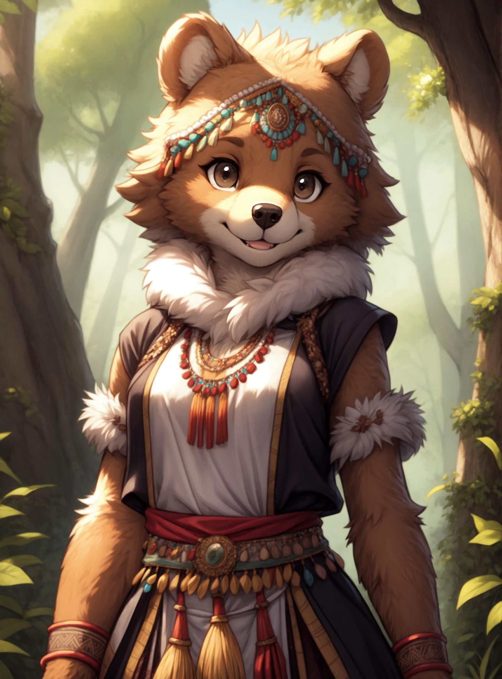 <lora:[Det] Detail Tweaker (58390):0.3>, <lora:[Det] Hair Detailer (81328):0.2>, bear, anthro, furry, female, feminine, fur, detailed fur
masterpiece, best quality, digital art, (realistic:0.3), cartoon, detailed lines, high resolution, visually stunning
(detailed lighting, depth of field:0.9), detailed color, vivid color
<lora:[FixLyc] EnvyBetterHands (47085):1>, perfect hands, detailed hands
(beautiful, cute, fluffy:1.2), detailed body, perfect breasts, 1girl, solo, smile
<lora:[Det] Labiaplasty (Innie Pussy Adjuster) (112299):0.8>
outdoors, nature, tribal accessories, tribal clothes