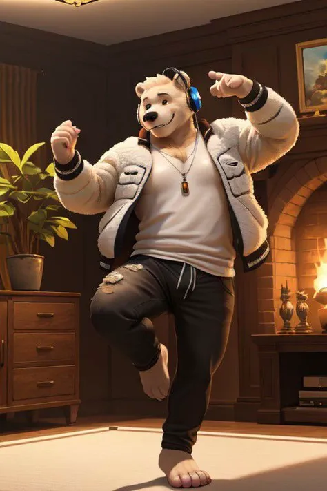 Hyperrealistic furry 3d art, male focus, brawny ice bear (white fur), 4 toes, shirt (roct theme), jacket, pants, barefoot, smile, headphones on ears, pose, living room (modern design, plant), listening rock music, dancing as crazy, Photorealistic, (masterpiece:1.5), concept art, intricate details, highly detailed, photorealistic, octane render, 8k, unreal engine, dynamic pose, best quality, highres, (realistic face:1.1), (hyperrealistic:1.1), ((full_body)), perfect eyes, (((perfect hands))),((dynamic background)), low light