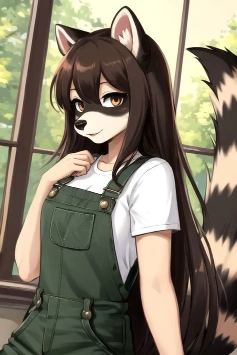 A raccoon furry girl with withe shiet, overall, and brown long hair
