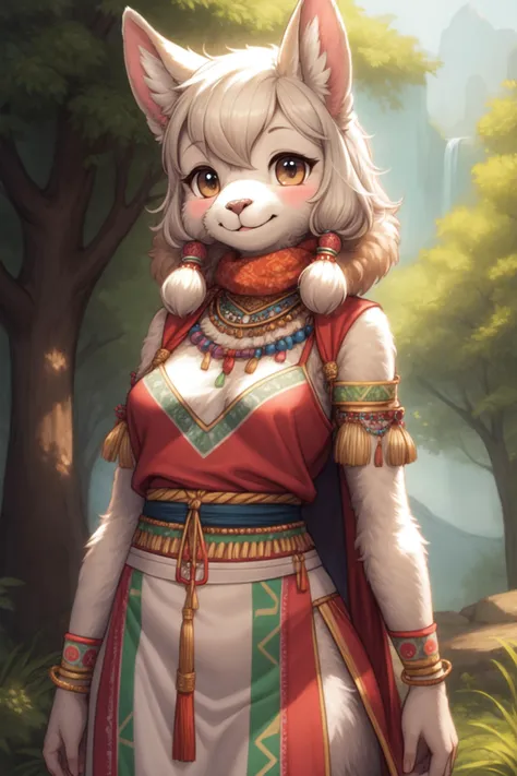 <lora:[Det] Detail Tweaker (58390):0.3>, <lora:[Det] Hair Detailer (81328):0.2>, alpaca, anthro, furry, female, feminine, fur, detailed fur
masterpiece, best quality, digital art, (realistic:0.3), cartoon, detailed lines, high resolution, visually stunning
(detailed lighting, depth of field:0.9), detailed color, vivid color
<lora:[FixLyc] EnvyBetterHands (47085):1>, perfect hands, detailed hands
(beautiful, cute, fluffy:1.2), detailed body, perfect breasts, 1girl, solo, smile
<lora:[Det] Labiaplasty (Innie Pussy Adjuster) (112299):0.8>
outdoors, nature, tribal accessories, tribal clothes, pelvic curtain