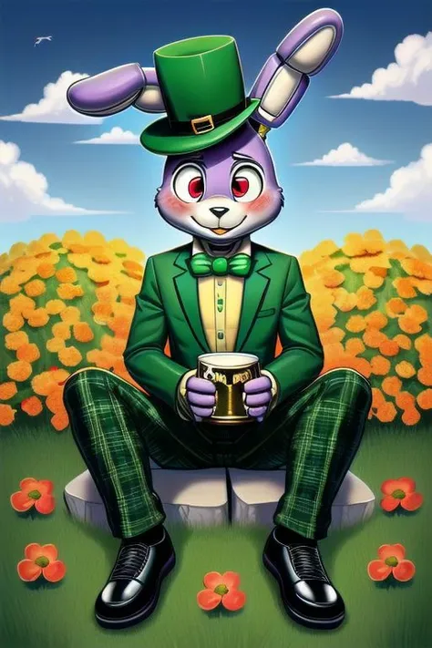 good hands, best hands, bonnie, spc, green suit, green plaid trousers, black belt, black shoes, green bowtie, yellow shirt, black and white stripe socks, green hat,  St Patrick's day, cute, cartoon, rainbows, furry, fluffy, purple fur, red eyes, red bowtie, sitting on grass, flowers, pot of gold, adorable, happy,  gold coins, shamrocks, flower bed, legs crossed, male, sunny sky, robot joints, blush, small bunny tail, high quality, best quality, masterpiece, holding beer mug, masculine