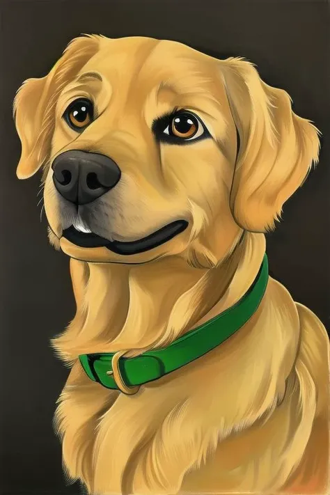 dog with black background, golden retriever, closed mouth, green collar