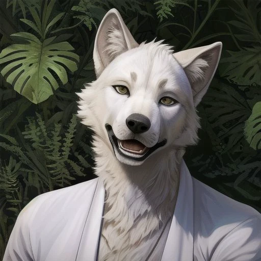 masterpiece, best quality, tongue lolling out of mouth, drool focus, realistic anatomy, jungle, white wolf, tongue out, drool, profusely drooling, collar, panting