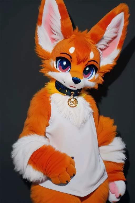 furry, wolf, big eyes, fur collar, paw gloves, large tail, animal collar, fluffy, curvy, chuchumy, (red fur, orange fur, yellow fur:1.1), solo, no humans, looking at viewer, cuteg, fursuit, Fursona, (simple black background:0.7), (multiple ears, big ears:1.2)
