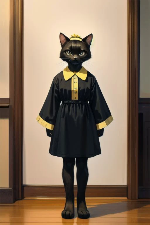 (1girl, female focus, solo, adult anthro black cat, black fur, thick fur, grey eyes, 1960s flip style black hair, yellow hairband,) BREAK,
(wearing 1950s yellow shirtdress, knee length skirt, )  sfw, 
BREAK,
white wall in background, ((1960s)), 35mm photograph, front view, full body, looking at viewer, ) (masterpiece, highly detailed, best quality:1.1), evening lighting, norman rockwell artstyle,)