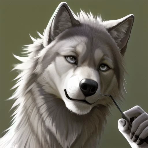 masterpiece, best quality, tongue lolling out of mouth, drool focus, realistic anatomy, jungle, white wolf, tongue out, drool, profusely drooling, collar, panting