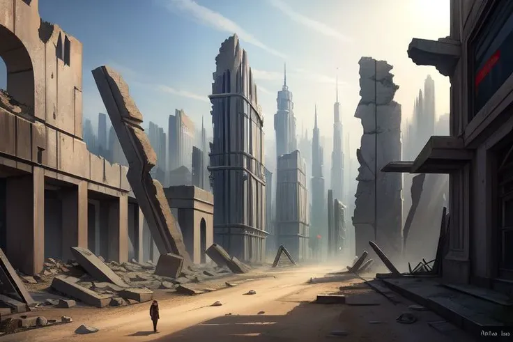 landscape, background, gray scale, futuristic city, science fiction, gray buildings, (ruins:1.2), gray sandstorm