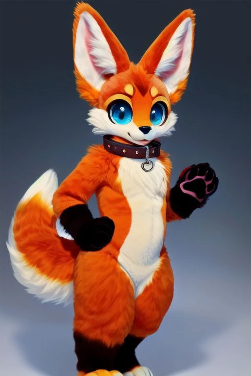 furry, wolf, big eyes, fur collar, paw gloves, large tail, animal collar, fluffy, curvy, chuchumy, (red fur, orange fur, yellow fur:1.1), solo, no humans, looking at viewer, cuteg, fursuit, Fursona, (simple black background:0.7), (multiple ears, big ears:1.2)