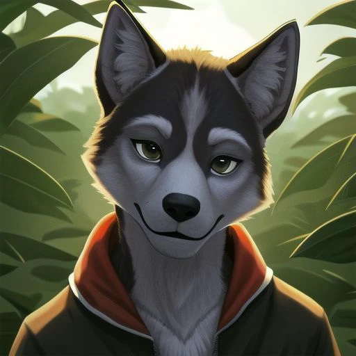 masterpiece, best quality, tongue lolling out of mouth, drool focus, realistic anatomy, jungle, white wolf, tongue out, drool, profusely drooling, collar, panting