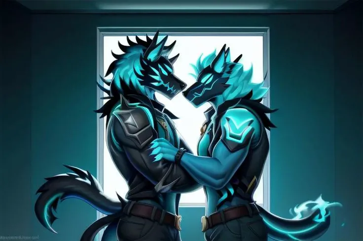masterpiece, the highest quality, cerberus (fortnite),gold wolf mask,Athens,inside the building, model posing,((neon blue skin)),anthro,claws,white clothed,flaming hair,jewelry,fur,glowing,hair,pseudo hair,((duo: man and woman)),couple,snake tail