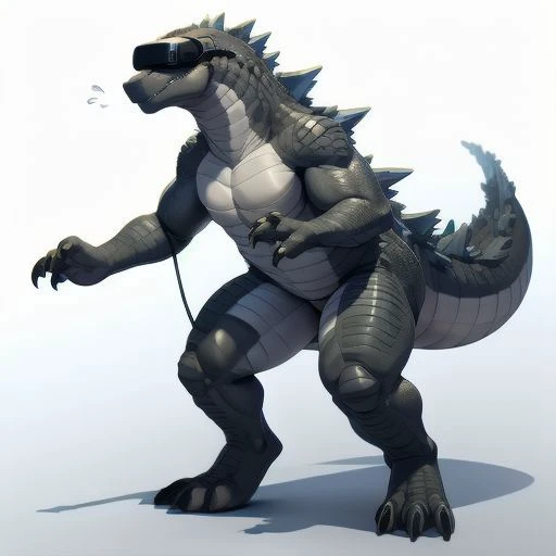 (full body), (soft shading), 4k, hi res, godzilla, playing with VR headset on