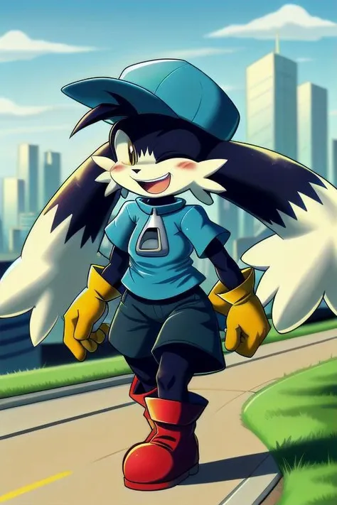 Klonoa, blue hat, blue shirt, zipper pull tab, blue shorts, red boots, yellow gloves, body fur, cheek-to-cheek, smile, closed eyes, closed mouth, walking, outdoors, upper body, cityscape, walking,