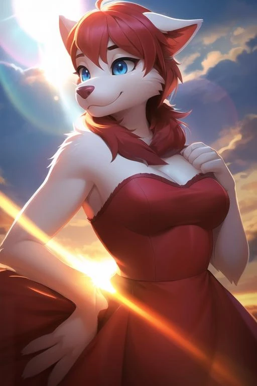 (best quality, highest quality, inticate, highres, 8k, anthropomorphic, furry, uploaded_on_e621:1.4), beautiful mature female anthro, furry, fuzzy, red dress, furry body, detailed body fur, detailed face, beautiful blue eyes,  snout, masterpiece, best quality, absurdres, hdr, cinematic lighting, high contrast, subsurface scattering, bloom, chromatic abberation, lens flare, a1 pictures style, pixar style, by sam yang, by Daniel Bel, by Paula Lucas