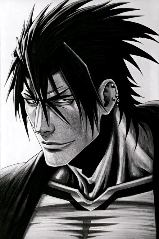 BLEACH STYLE, Portrait, Male, elderly, athletic, tall, wearing bodysuit, long black hair, black eyes, piercing gaze, smirk, standing, looking straight, looking at viewer, masterpiece, best quality, ultra high res, highly detailed, black background, white and black colors, monochrome, Muscular, Graphite