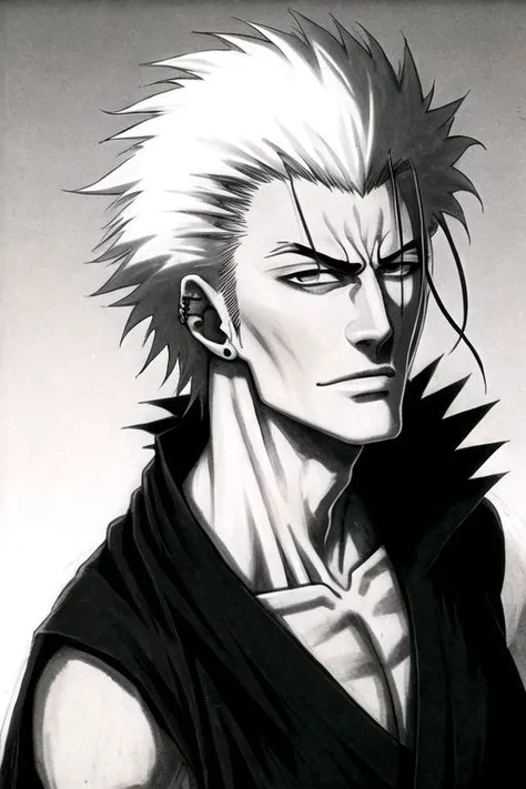 BLEACH STYLE, Portrait, Male, elderly, athletic, tall, wearing a black kimono and haori, long black hair, black eyes, piercing gaze, smirk, standing, looking straight, looking at viewer, masterpiece, best quality, ultra high res, highly detailed, black background, white and black colors, monochrome, Muscular, Graphite