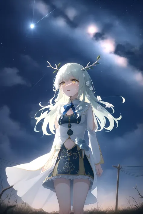 <lora:ceres_fauna_v2:0.7>, masterpiece, best quality, highres, hmcf, long hair, antlers, branch, hair flower, yellow eyes, standing, outdoors, crying, night, starry sky, dark lights, looking away from the camera