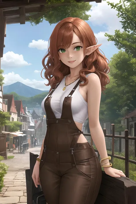 masterpiece, best quality,
1girl, (character focus:1.1576), Elf, freckles, medium breasts,,cute, happy, pointy ears, ginger hair, wavy hair, leather overalls, brown pants, green eyes, layered clothes, necklace, bracelet, modest, fantasy theme, layered clothes, tall, (fantasy city, wooden buildings, cobble street, nature, trees, summer, sunny, vivid, bright, blue sky, mountains in background:0.9524), detailed, realistic, cinematic lighting,