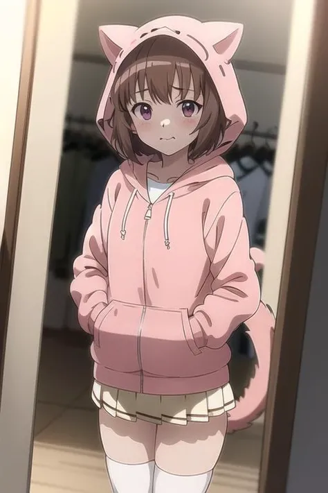 BREAK (masterpiece, best quality:1.2), 1girl, brown hair, short hair, white thighhighs, oversized clothes, cat hood, purple eyes, pink hoodie, thighs, standing, bedroom, closet, bureau, mirror, (:3:1.1), bottomless, hand in pocket, tail, clothes hanger, blush, chiaroscuro, subsurface scattering, white pleated skirt, bed, (anime cel-shaded:1.6)