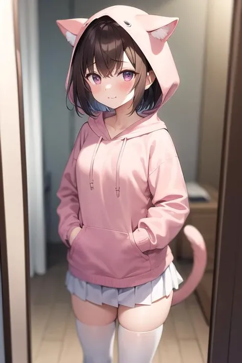 BREAK 1girl, brown hair, short hair, white thighhighs, oversized clothes, cat hood, purple eyes, pink hoodie, thighs, standing, bedroom, closet, bureau, mirror, :3, bottomless, hand in pocket, tail, clothes hanger, blush, chiaroscuro, subsurface scattering, white pleated skirt,
