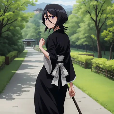 <lora:Rukia:1>,
,anime screencap, forest,path,
1girl, solo, short hair, black hair, purple eyes, japanese clothes, looking at viewer, black kimono, hair between eyes, cowboy shot, wide sleeves, hakama pants,white_sash,from behind,closed mouth, smirk,walking,looking back,
