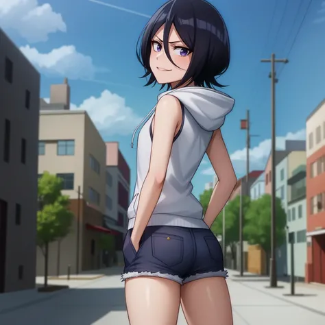 <lora:Rukia:1>,
,anime screencap,city,
1girl, solo, short hair, black hair, purple eyes,looking at viewer, hair between eyes, cowboy shot,from behind,closed mouth, smirk,walking,looking back, hoodie, sleeveless, shorts,bare legs, hands in pockets,