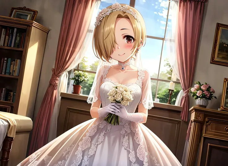 masterpiece, best quality, ultra-detailed, illustration, <lora:KoumeShirasaka:0.7>, (blush:1.3), shirasaka koume, 1girl, solo, looking at viewer, blush, smile, short hair, blonde hair, gloves, dress, brown eyes, jewelry, collarbone, flower, earrings, choker, white dress, hair over one eye, window, rose, curtains, veil, bouquet, wedding dress, bridal veil, cute, bedroom, sunset, highest quality, realistic lighting, light particles, intricate (high detail:1.1), masterpiece, official art