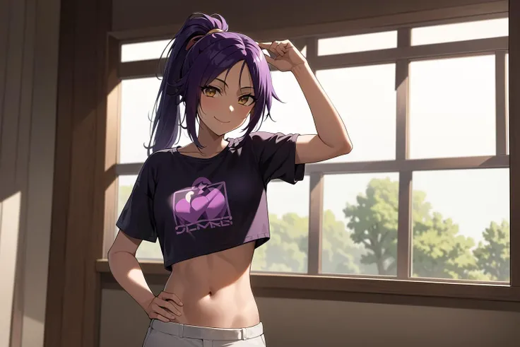 masterpiece, best quality, absurdres, perfect antomy, cowboy shot, standing, indoors, 1girl, solo,<lora:yourichi:1>, Shihouin Yoruichi, purple hair, looking at viewer, smile, t-shirt, midriff, toned, pants