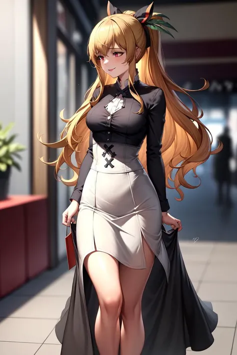 masterpiece, best quality, absurdres, perfect anatomy, 1girl, solo, ViraGB, long hair, ponytail, high-waist skirt, long skirt, white skirt, black shirt, long sleeves, smile, standing, indoors, shopping mall