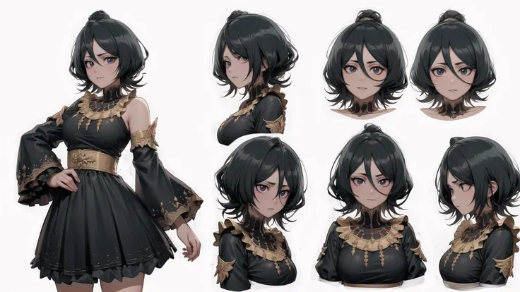 (CharacterSheet:1)<lora:Rukia:1>, ,anime screencap, hand on hip, short hair, black hair, purple eyes, hair between eyes, cowboy shot, (best quality), (ultra-detailed), (best illustration), (best shadow), masterpiece, high res, (very deep cut blue dress:1.4), (summer hat) , smile, furrowed eyebrows, very big breasts, black hair, purple eyes,
, (multiple views, full body, upper body, reference sheet:1), back view, front view, (white background, simple background:1.2),(dynamic_pose:1.2), (masterpiece:1.2), (best quality, highest quality), (ultra detailed), (8k, 4k, intricate), (50mm), (highly detailed:1.2),(detailed face:1.2), detailed_eyes,(gradients),(ambient light:1.3),(cinematic composition:1.3),(HDR:1),Accent Lighting,extremely detailed,original, highres,(perfect_anatomy:1.2), <lora:CharacterDesign_Concept:0.55>