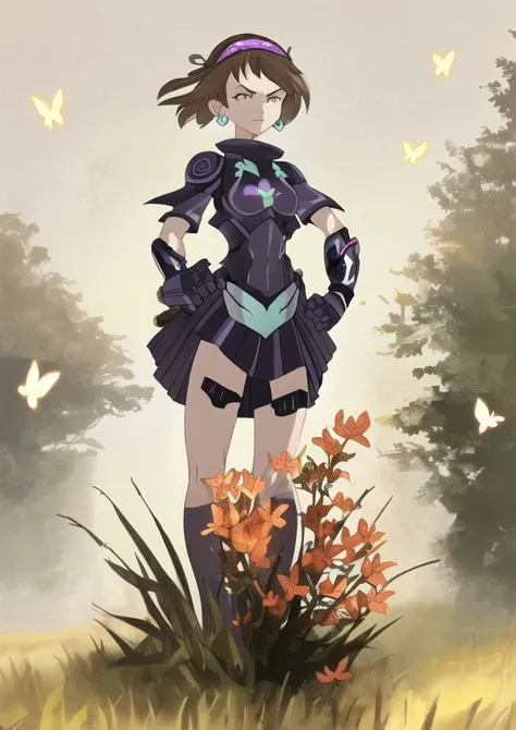 1girl,solo,short hair,brown hair,black eyes,forest,standing in grass,facing viewer,battle ready,ready for a fight,purple and black battlesuit,small skirt,butterfly motif,throwing knives,knives,butterfly shaped knives,knives in hands,weapons in hands,earrings,arm gloves,headband,butterfly headband,purple nails,black shoes,hand by waist,butterfly on hand,hand near torso ,
<lora:codelyokoV1:1>