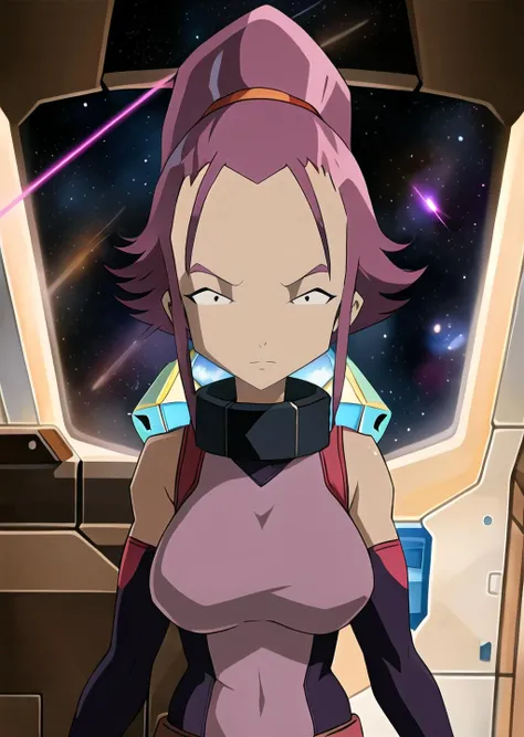 <lyco:yoruichiDogu:0.9> , best quality, high detail, (detailed face), ((best quality, masterpiece)), (high-resolution:1.2),yoruichi,dark skin,dark-skinned female,purple hair,attached hair,ponytail, (28 year old:1.2),women, manly,solo,large forehead, code lyoko,standing, (spaceship interior,space),(space window), (long shot:1.5),