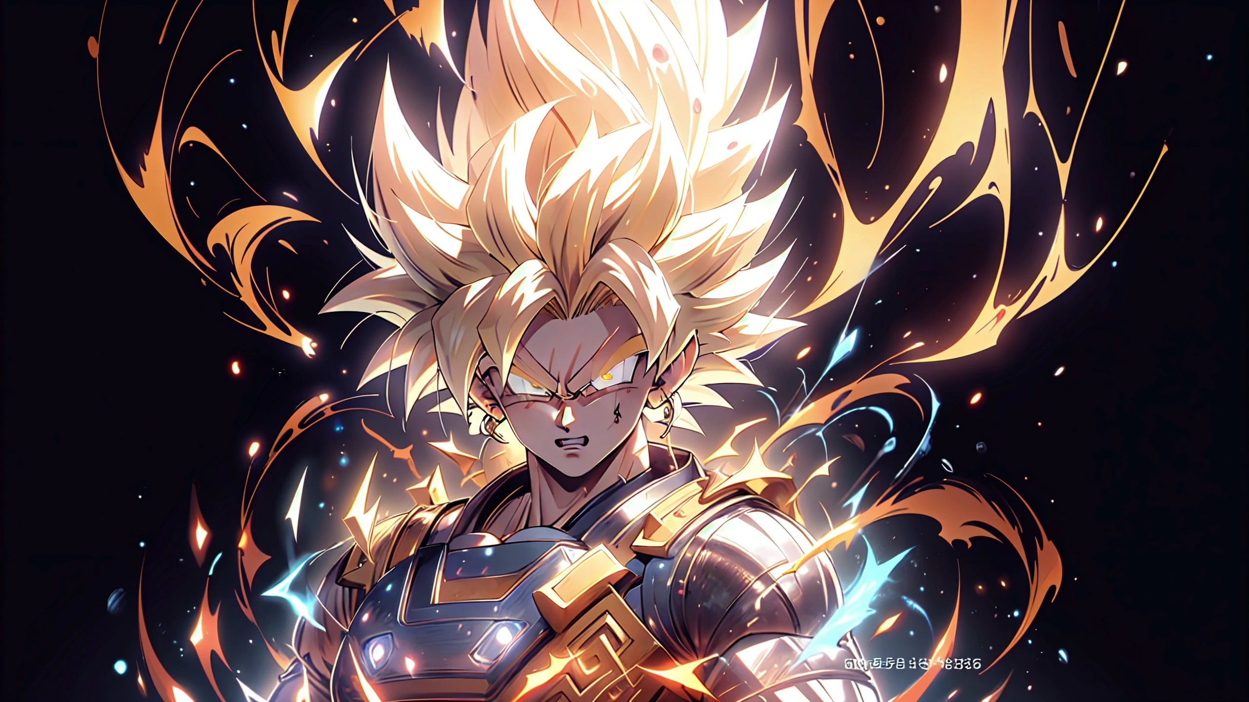 1man, solo sangoku, Award wining professional of a (full body photo portrait:1.4) of sangoku in fighting stance position, surrender by aura Brilliant and Crackling with Energy, (detailed perfect muscular fit body:1.2),SAIYA,(detailed perfect angry face:1.2), (looking at viewer),(detailed piercing crackling energy white eyes:1.5),(blond long hair, super saiyan, spiked hair, aura, electricity), lightning, luminous yellow glowing aura, extremely high quality RAW photo, detailed background, intricate, Exquisite details and textures, highly detailed, ultra detailed photo, warm lighting, 4k, sharp focus, high resolution, 32k, uhd, dslr, high quality, film grain, Fujifilm XT3, <lora:supersaiyan:1>, <lora:3DMM_V12:0.6> <lora:SuperSaiyanHair:0.3>