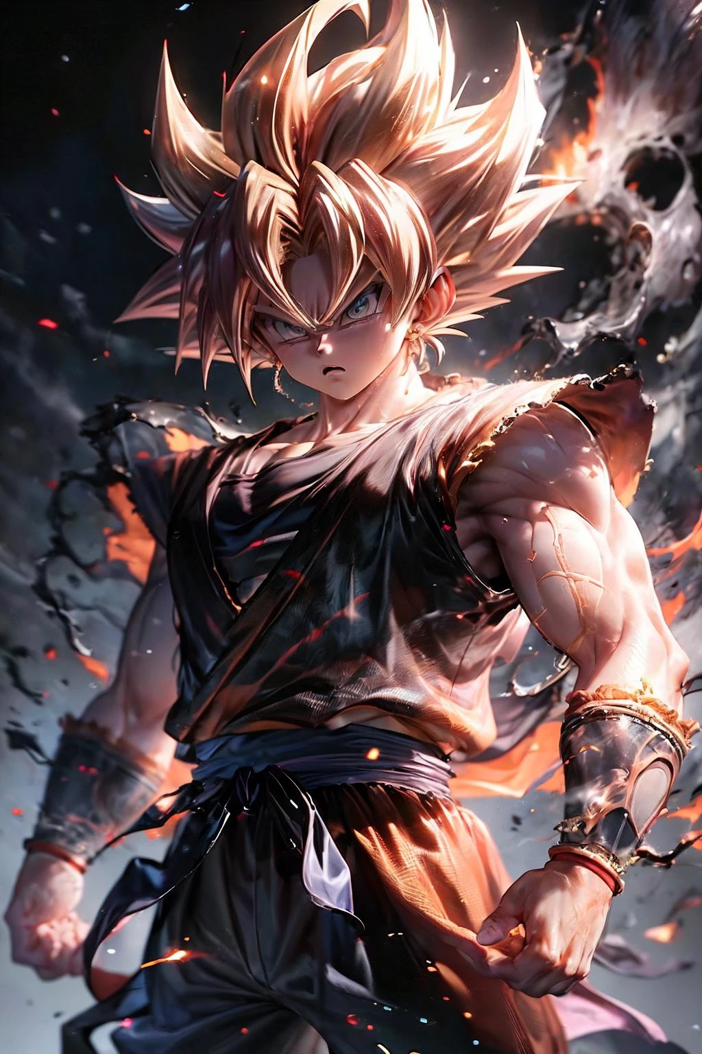 masterpiece, ultra detailed background, delicate pattern, intricate detail, highly detailed, fine details, best quality, studio lighting, 4K, 8K,
1boy, super saiyan, outstretched arm, outstretched hand, (blonde hair:1.3), clenched hands, frown, solo, standing, Akira Toriyama,
rocks, wilderness, blue sky,blurry, blurry background, blurry foreground, depth of field, motion blur,
cowboy shot,
<lora:SAIYA_20230713174446:0.8>, son goku,
<lora:detail_slider_v4:1>,
<lora:emotion_angry_slider_v1:2>,
<lora:more_details:0.4>,
<lora:muscle_slider_v1:-1>,