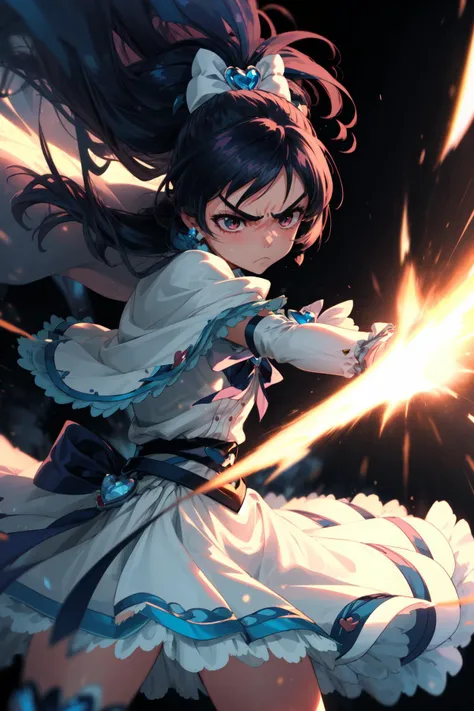masterpiece,best quality,((SFW)),1girl,cure white,white miniskirt,capelet,bowtie,heart brooch,arm warmers,(serious,frown),fighting stance,action pose,attack,punching,motion lines,motion blur,blast wave,<lora:locon_cure_white_1:0.9>,
