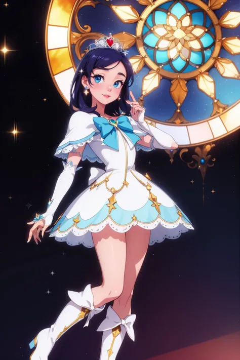 1girl,solo,adult, cure white, splendid, pure white, glitzy, sparkling, looking at viewer, standing, lovely, chaste, strict, (((sumptuous))) , magnificent, masterpiece, best quality, bokeh, stained glass, cathedral <lora:Tweak_Detail25:0.5>, ((screengrab from sissi the young empress)), <lyco:Char_fwpc-CureWhite-LYCORIS:0.8>, white miniskirt, capelet, bowtie, heart brooch, arm warmers, white boots