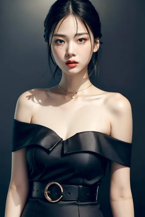 Best quality, masterpiece, ultra high res, (photorealistic:1.4), raw photo,1girl, solo, realistic, looking at viewer, upper body,simple background, black dress, off shoulder, <lora:makina69_bibi_v1.1:1>